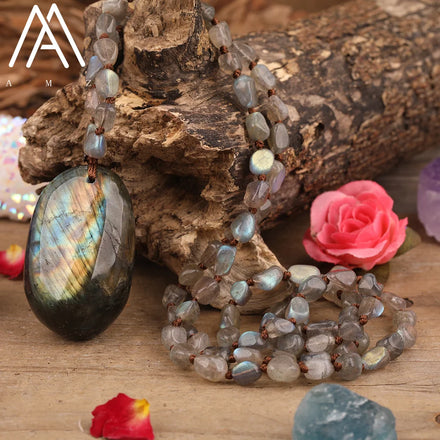 Bohemian Style Labradorite Necklace with Chip Beads Healing Mala Pendant for Weddings Parties and Gifts