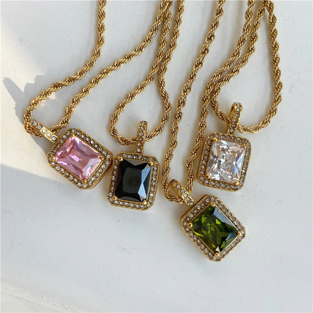 Fenny Luxury Colorful Square Zirconia Crystal Pendant Necklace Trend for Women Stainless Steel Jewelry Wholesale