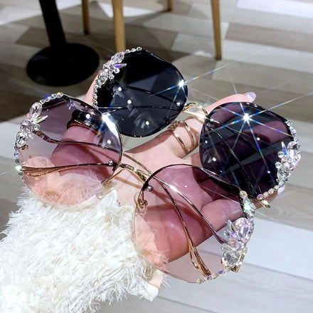 Luxury Brand Design Vintage Rimless Rhinestone Bling Sunglasses Women Men Retro Cutting Lens Gradient Sun Glasses