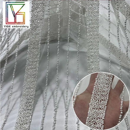 2023 New Tulle Embroidery Fashion White Heavy Beaded Wedding Mesh Lace French Luxury Bridal Dress Lace Fabric