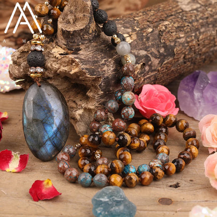 Tiger Eye Mala Beads Healing Labradorite Pendant Necklace for Men Jewelry Birthday Gifts