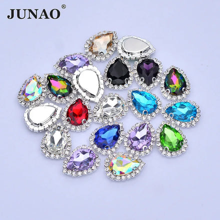 JUNAO 13*18mm Drop Claw Rhinestones 10*14mm Glass Sew on Diamonds Sil Ver Base Glass Crystal Stones for Garment