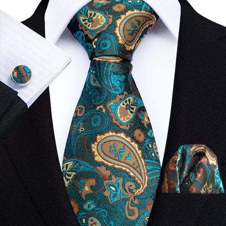 Green Paisley Polyester Neck Ties for Men Luxury 8cm Wide Tie Pocket Square Cufflinks Set Christmas Gifts for Men