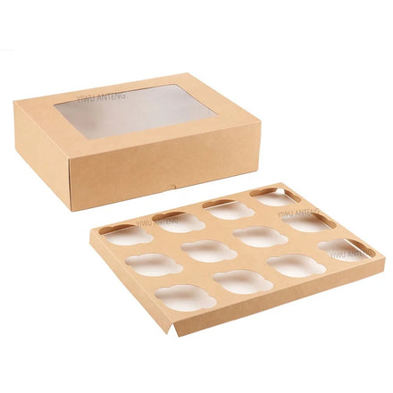 Custom Auto Popup Style White Brown Color 12 Hole Cupcake Packaging Boxes with Clear Window