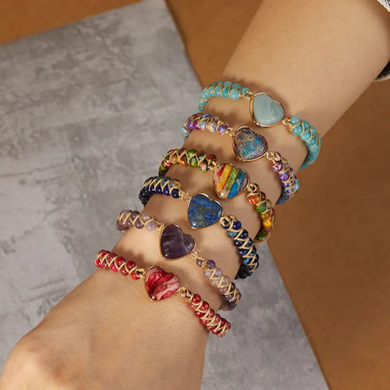 Wholesale Natural Crystal Beads Yoga Woven Heart Bracelets for Women Gemstone Double Layer Bracelet Jewelry
