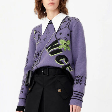 OEM Customize Jacquard Knit Sweater Pullover Sequin Crew Neck Women Mohair Fuzzy Purple Color 7gg Long Sleeve Knitted Sweater