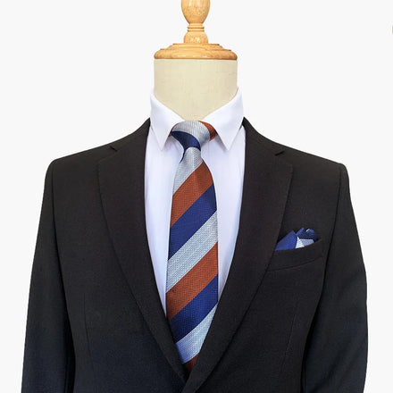 Men's Ties Classic Blue Striped 8cm Silk Necktie Handkerchief Set Business Formal Wedding Tie Gift for Men