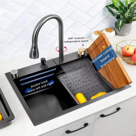 Black Nano Kitchen Sink 304 Stainless Steel Fruit and Vegetable Bowls Clean Multi-Function Large Hidden Waterfall Single Sink