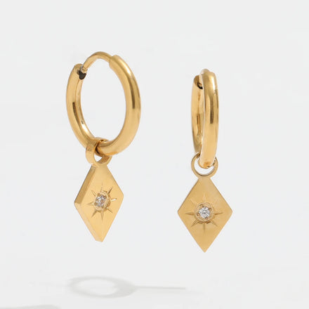 High End PVD 18K Gold Plated Zirconia Rhombus Pendant Huggie Earrings Stainless Steel Fashion Jewelry Wholesale