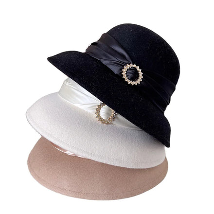 Fashion Chic Ladies Elegant Wool Felt Bowler Cloche Bucket Hat Women Rhinestone Buckle Formal Hats Dress Hats for Women