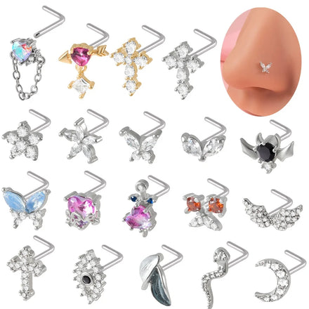 Wholesale L-Shape Nariz Stud Ring Fashionable Stainless Steel Zircon Stone Nose Bone Piercing Jewelry Heart Pin Stud Piercing