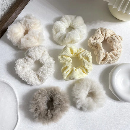 MIO Furry Scrunchies White Rubber Bands for Women Girls Korean Elastic Hair Band Ponytail Holder Hair Rope Hair Accessories