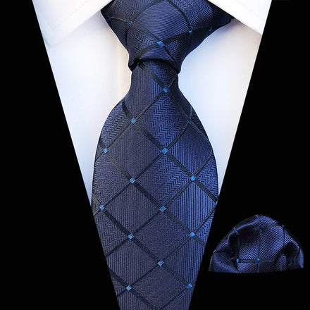 Wholesale Custom Logo Polyester Tie and Handkerchief Set in Blue Jacquard Striped Pattern for Men's Wedding or Formal Style
