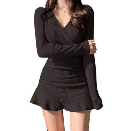 Autumn Black Knitted Ribbed Midi Dresses for Women V Neck Elegant Korean Clothes Long Sleeve Ruffles Bodycon Dresses