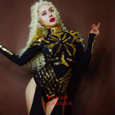 Luxury Singer Show Birthday Bodysuit Sexy Long Sleeve Gold Rivets Dance Leotard Rompers Women One Piece Jumpsuits