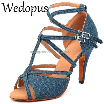 Wedopus Women\'s Shoes with Denim Heels for Dancing