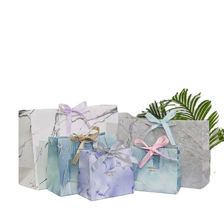 Wholesale Foldable Marble Gift Shopping Paper Bag With Stain Ribbon Handle for Wedding Favor and Birthday