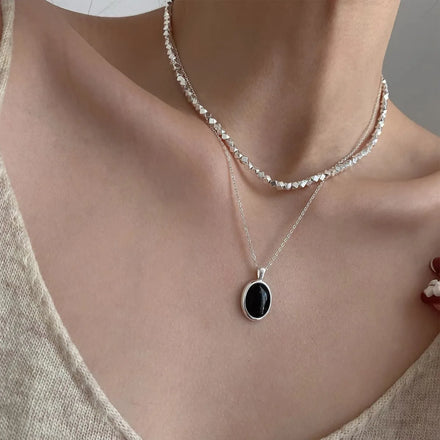 S925 Sterling Silver Black Agate Gemstone Necklace Pendant Choker Necklaces for Women Designer Couple Jewelry Gift Men Necklace
