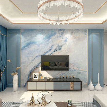 Customized Blue 3D Silk Waterproof Modern Marble Peel and Stick Wallpapers for Living Room TV Wall Decor
