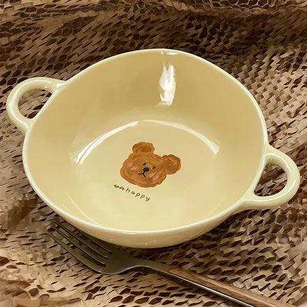 Ins Korea Cartoon Cute Bear Binaural Ceramic Bowl Oven air Fryer Creative Desserst Salad Bear Plate
