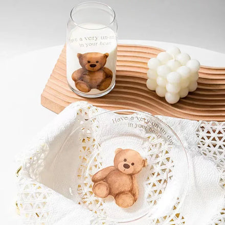 Korea Ins Vintage Cartoon Bear Glass Plate Creative Bear Cans Glass Water Cup Decorative Dessert Cake Plate