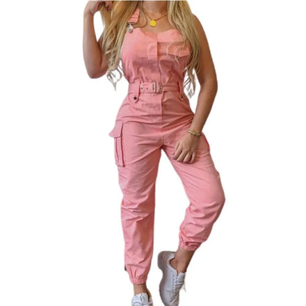 S-3XL Hot Sale High Waist Loose Style Solid Color Belt Sleeveless Jumpsuit Clothes Women Simple Leggings One Piece Jumpsuit