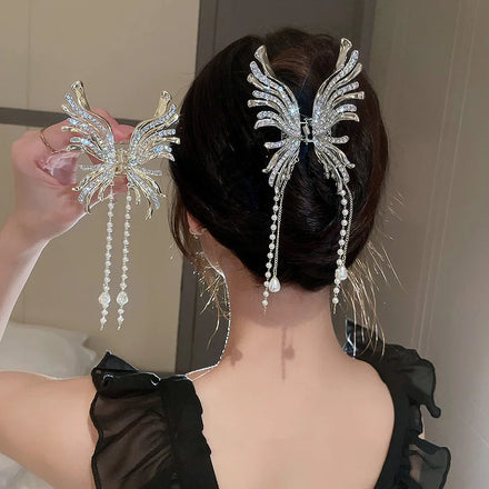 Metal Rhinestone Butterfly Tassel Back Head Hairpin Fashion Ornament Hair Claw Catch Clips Shark Clip Durable