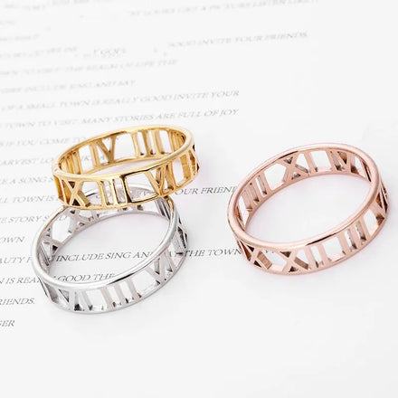 Hip Hop Laser Cutting Alphabet Circle Rings Gold Silver Rose Gold Hollow Rome Letter Stainless Steel Finger Rings