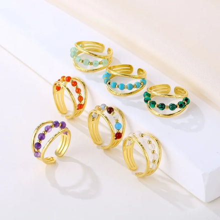 Wholesale 2025 Hot Selling Fashion Jewelry Rings Adjustable Stainless Steel Ring Colorful Natural Stone Ring for Women
