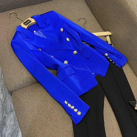 High Quality Designed Retro British Style Double-breasted Solid Coat Women Office Casual Blazer Blue