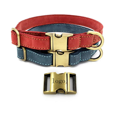 Personalised Leather Dog Collar with Solid Pattern and Custom Logo Engraved Metal Buckle Collar De Perro for Chien En Cuir