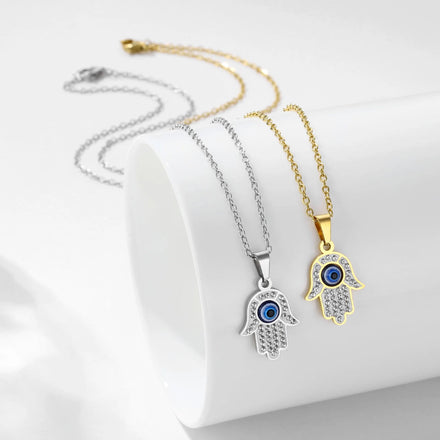 European American Personality Pendant Necklace Palm Set Diamonds Stainless Steel Necklace Vintage Devil Eye Necklace