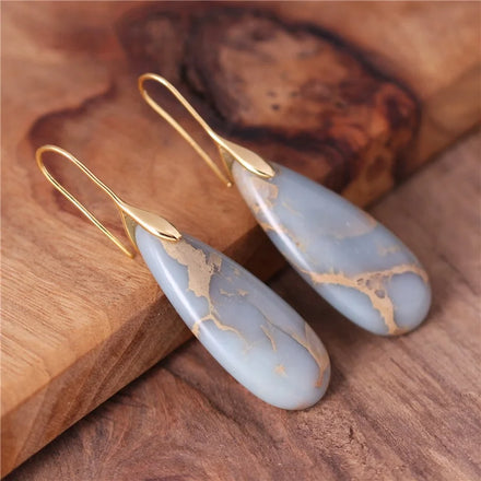 Chic Gemstone Teardrop Shoushan Jasper Dangle Hook Earring for Women Fashion Bold Statement Earrings Wholesale Popular Jewelry