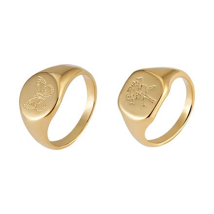 Stainless Steel 18K Gold Plated Non-tarnish Medium Antique Floral butterfly Peony Flower Ring