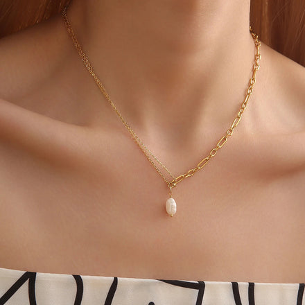 Simple Style 18K Gold Plated Necklace French Trendy Single Freshwater Pearl Pendant Necklace for Women