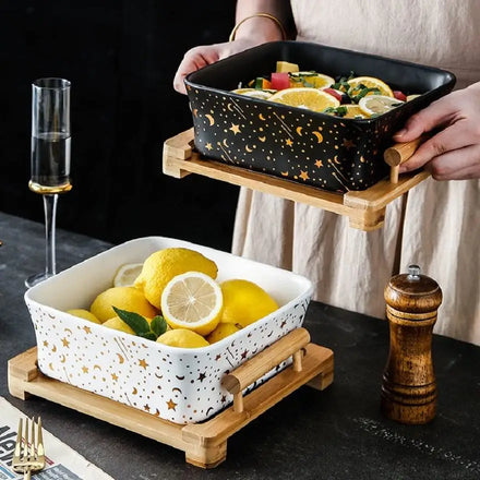 Hot Sale Large Square Bamboo Wood Tray Black White Ceramic Bowl for Home Kitchen Use Eco-Friendly Fruit Salad Soup Customized