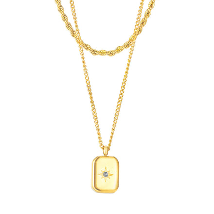 New Design Trendy Gold Plated Stainless Steel Double Chain Geometric Square Pendant Necklace for Party
