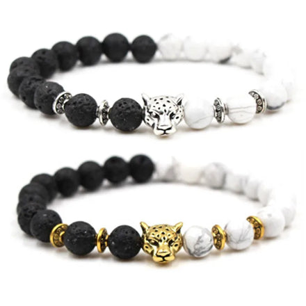 8mm White Turquoise Volcanic Stone Beads Leopard Head Bracelet Howlite Elastic Adjustable Bracelet for Couple Gift