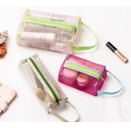 Portable Mesh Set Pouch Toiletry Travel Makeup Cosmetic Bag Pink Zipper Pouch Opp Bag Zipper Case Pu Leather Square Zipper Bag