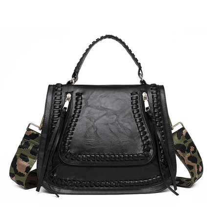 Custom Retro Callista Leopard Strap Crossbody Bag Crochet Tassel Guitar Bag Trendy Boutique Shoulder Bag JA236