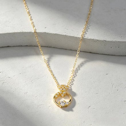 Personalised 18K Gold Diamond Bow & Circle Necklace Dainty Pave Bow Knot Pendant with Round Loop Real Gold Chain for Women