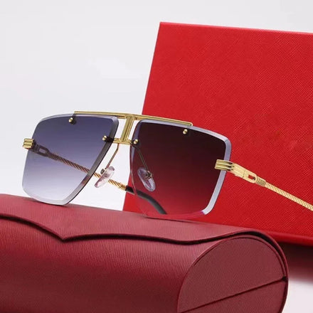 Luxury Designer UV400 Men's Sunglasses with Gold Metal Temples Rimless Alloy Frame Fashion Eyeglasses