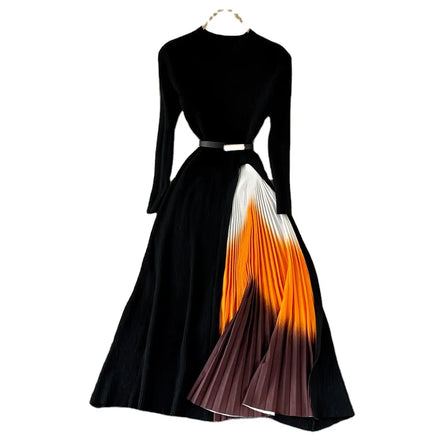 Socialite Print Knit Pleat Dress for Women O-Neck Slim Midi Length Casual Dress with Long Sleeves Ruffle Hem Belt Decorated