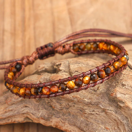 New Fashion 100% Handmade Woven Jewelry Natural Cut Precious Real Yellow Tiger Eye Stone and Leather Men's Bracelets for Women