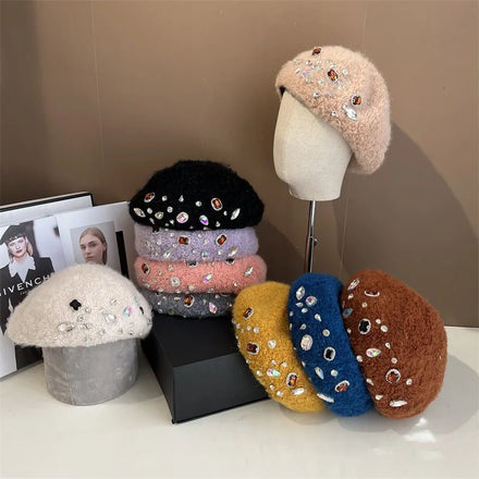 Korean Style French Pearled Diamond Yellow Beanie Casual Fashion Plain Female Winter Plush Cashmere Wool Women Beret Girls Hat C