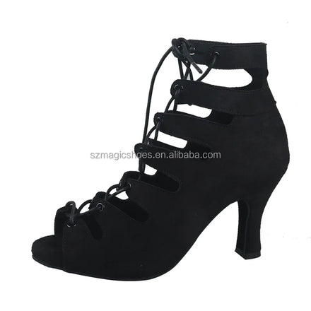 Wedopus Black Suede Latin Dance Boots for Women 8.5CM Peep Toe Dance Shoes