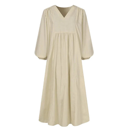 M-3XL New Summer Fashion Women's Cotton Hemp Loose Lantern Sleeve European and American Solid Dress V-neck Dress
