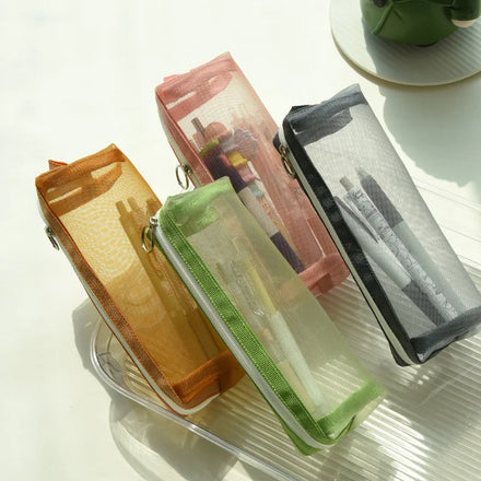 Fresh Literature Colorful Transparent Mesh Pencil Bag Creative Stationery Storage Bag Cylinder Shaped Zipper Pencil Case