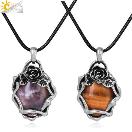 CSJA Christmas Gift Vintage Rose Flower Healing Natural Amethyst Crystal Gem Stones Oval Pendant Necklace for Women H087