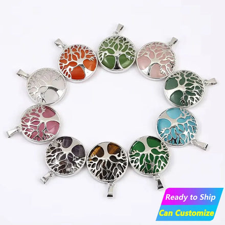 Fashionable Silver Tree Life Pendant Obsidian Natural Quartz Crystal Necklace Semi-Precious Stone for Children